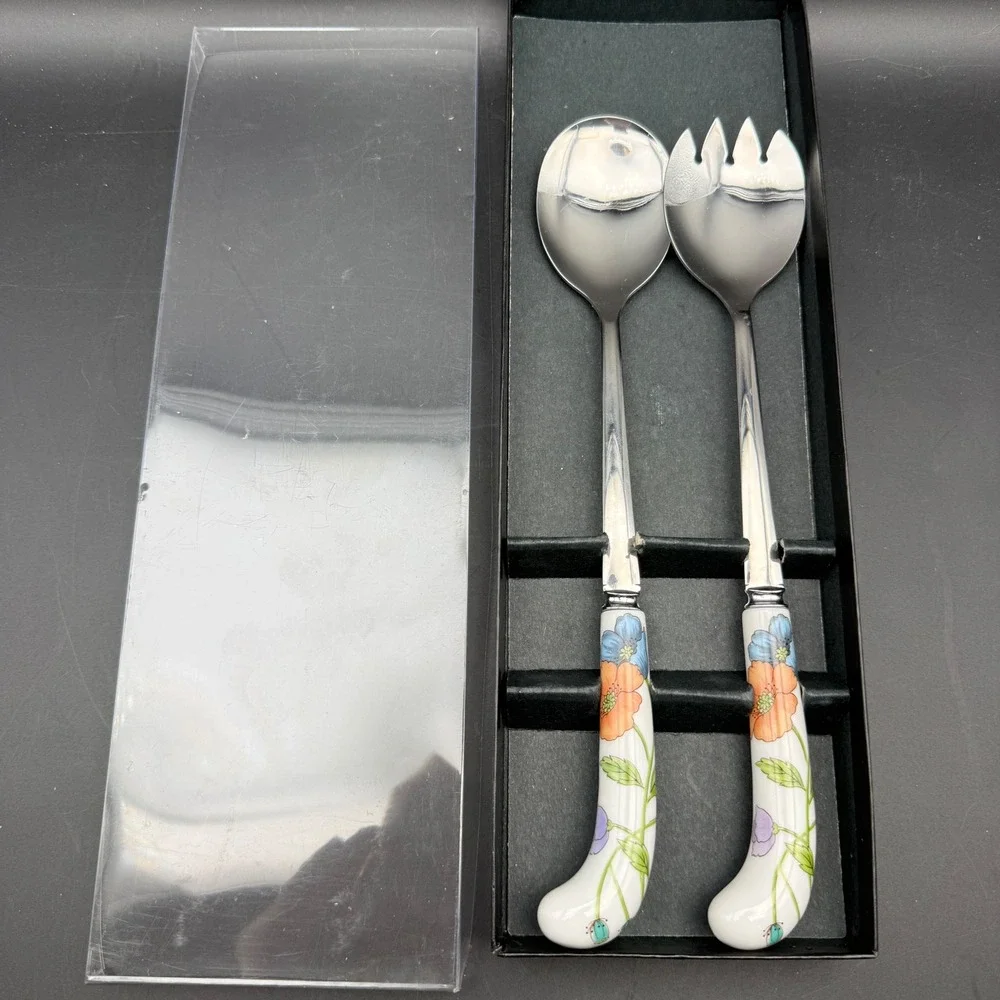 Villeroy & Boch Sheffield Salad Serving Set Spoon Fork Poppies Floral New